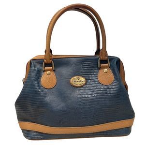 Savoia Imports Blue Brown Bag w/ Zip Leather Handbag Purse Footed Bottom